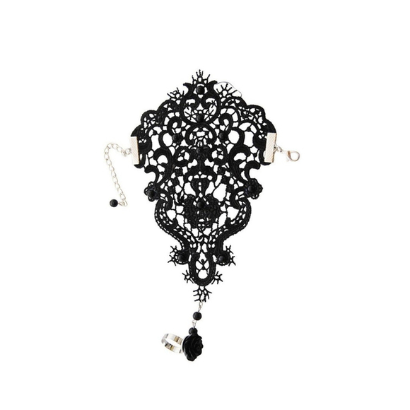 Goth Punk Style Bracelet Flower Ring In Black - Picture 5 of 6